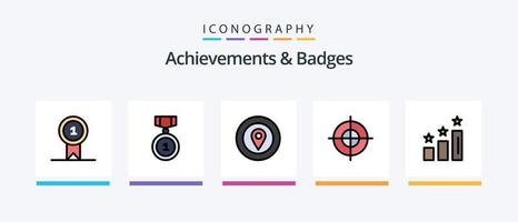 prestaties en badges lijn gevulde 5 icoon pak inclusief . tas. bekroond. doelwit. succes. creatief pictogrammen ontwerp vector