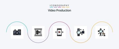 video productie lijn gevulde vlak 5 icoon pak inclusief handycam. camcorder. film haspel. volume. Open volume vector