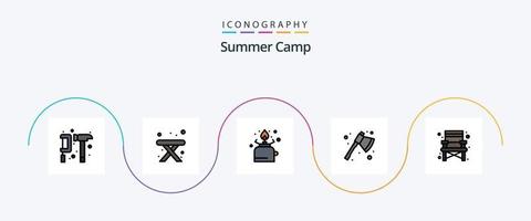 zomer kamp lijn gevulde vlak 5 icoon pak inclusief stoel. camping. camping. bijl. picknick vector