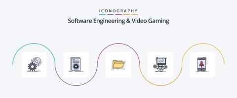 software bouwkunde en video gaming lijn gevulde vlak 5 icoon pak inclusief internetten. spel. rennen. map. directory vector