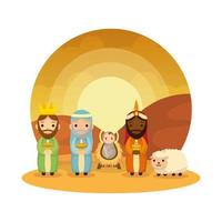 wijze mannen koningen met jesus baby kribbe karakters vector illustratie ontwerp