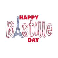 bastille dag belettering met eiffeltoren hand tekenen stijl vector