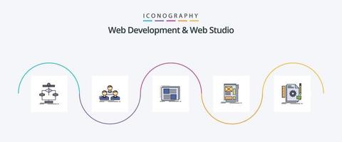 web ontwikkeling en web studio lijn gevulde vlak 5 icoon pak inclusief inlijsten. mensen. tekst. kader vector