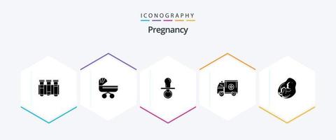 zwangerschap 25 glyph icoon pak inclusief vrachtwagen. kinderen. duw. fopspeen. baby vector