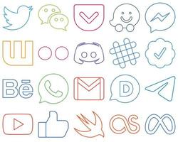 20 minimalistische kleurrijk schets sociaal media pictogrammen zo net zo twitter geverifieerd kenteken. fb. tekst en onenigheid hoge kwaliteit en bewerkbare vector