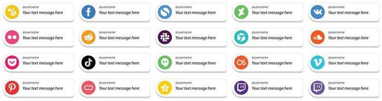 20 volgen me sociaal media pictogrammen met aanpasbare bericht zo net zo douyin. zak. yahoo. muziek- en geluidswolk pictogrammen. creatief en professioneel vector