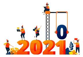 Nieuwjaar van 2020 tot 2021 met als thema bouw en bouwnijverheid. vector illustratie concept kan worden gebruikt voor bestemmingspagina, sjabloon, ui ux, web, mobiele app, poster, banner, website, flyer