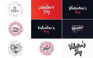 hand getekend zwart belettering Valentijnsdag dag en roze harten Aan wit achtergrond vector illustratie geschikt voor gebruik in ontwerp van kaarten. spandoeken. logo's. flyers. etiketten. pictogrammen. insignes. en stickers