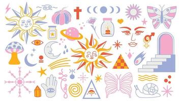 magie achtergrond groovy in retro neiging stijl met clip art elementen. mystiek vector geïsoleerd patroon. bewerkbare beroerte clip art stickers. esoterisch element hekserij. verzameling van occult symbolen y2k