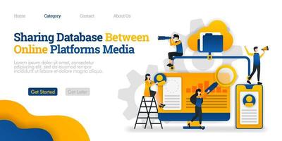het delen van een database tussen online mediaplatforms. toegang tot bestanden vanaf vele platforms. vector vlakke afbeelding concept, kan gebruiken voor, bestemmingspagina, sjabloon, web, startpagina, poster, banner, flyer