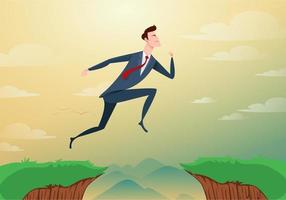 zakenman spring door de kloof obstakels tussen heuvel naar succes. rennen en springen over kliffen. bedrijfsrisico en succesconcept. cartoon vectorillustratie. vector