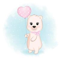 schattig weinig beer met roze hart ballon, dier tekenfilm illustratie vector