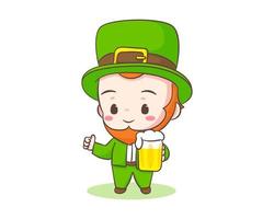 schattig aanbiddelijk elf van Ierse folklore tekenfilm Holding glas van bier. hand- getrokken chibi karakter. gelukkig heilige Patrick dag concept ontwerp. geïsoleerd wit achtergrond. vector kunst illustratie.