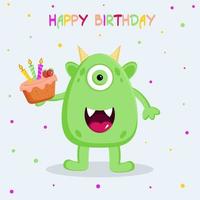 verjaardag kaart met schattig monster Holding een taart met kaarsen. vector