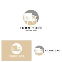 meubellogo, woninginrichtingsontwerp, kamerpictogramillustratie, tafel, stoel, lamp, frame, klok, bloempot vector