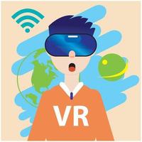 jong in beweging voorwerpen gebruik makend van vr apparaat tonen vector beeld van virtueel wereld.