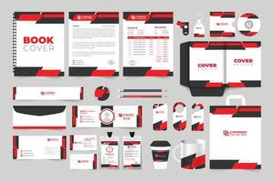 zakelijke kantoor schrijfbehoeften sjabloon reeks vector met rood en donker kleuren. bedrijf ID kaart kaart, telefoon geval, en deur hanger ontwerp voor advertentie. bedrijf merk identiteit sjabloon verzameling.