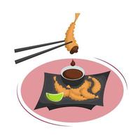 Japans gebakken tempura garnaal met eetstokjes en soja saus. Aziatisch traditioneel keuken. vector illustratie. tekenfilm.