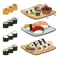 een reeks van sushi en onigiri Aan platen. vector illustratie Aan een wit achtergrond.