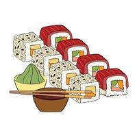 sushi reeks met tonijn, saus, wasabi en eetstokjes. vector illustratie Aan een wit achtergrond.