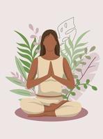 mindfulness, meditatie en yoga achtergrond in pastel vintage kleuren met vrouwen zitten met gekruiste benen en mediteren. vector illustratie