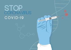 stop de uitbraak van het coronavirus. gehandschoende hand met spuit. vector