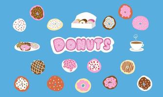 donuts reeks in tekenfilm stijl. vector illustratie geïsoleerd Aan blauw achtergrond.