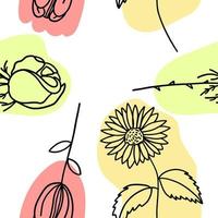 bloemen met kleurrijk borstel naadloos patroon in vlak tekening tekenfilm stijl. vector naadloos behang met wit achtergrond.