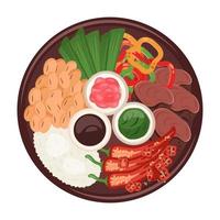 Chinese, koreaans, Japans voedsel. traditioneel oosters schotel detailopname met rijst, vlees, chili peper, soja bonen, vijgen, saus, vasabi. vector trek vlak illustratie voor menu, levering, Koken concept