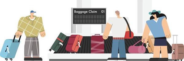 aankomst hal Bij bagage transportband riem terwijl passagier grijp hun bagage in luchthaven terminal Oppervlakte vector