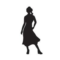 meisje model- met paardenstaart houding gebaar vervelend jurk rok staand vol lichaam vector icoon silhouet. tekening geïsoleerd Aan plein wit achtergrond sjabloon.