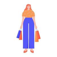 vrouw Holding boodschappen doen Tassen, en geïsoleerd vrouw karakter in vlak stijl, vector illustratie.
