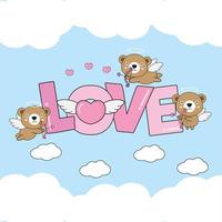 schattig beer cupido's vlieg in de wolken met hart en liefde tekst.illustratie voor valentijnsdag dag ontwerp. vector
