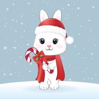 schattig weinig konijn Holding snoep riet. Kerstmis seizoen achtergrond illustratie vector