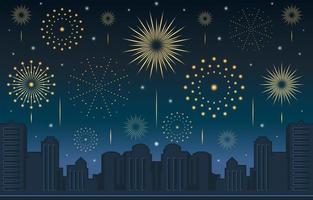 nieuwe jaarvuurwerkviering met stadslandschap van de nacht vector