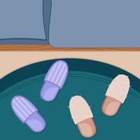 vrouwen en Mannen slippers Aan de tapijt door de bed. vector illustratie in vlak tekenfilm stijl.