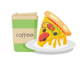 testy peperoni pizza en koffie. snel voedsel illustratie. vector eps10