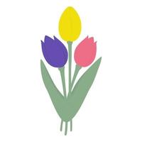 boeket van 3 bloeiend kleurrijk tulp bloemen in tekenfilm stijl in modieus pale tinten. sticker. icoon vector