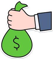 investering financieel bedrijf hand- houden contant geld geld succes handel illustratie gekleurde schets sticker retro vector