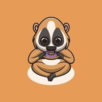 schattig langzaam Loris aan het eten donut tekenfilm illustratie vector