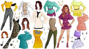 Hoes meisje papier pop met mooi dame, outfits, kapsels en accessoires. vector illustratie