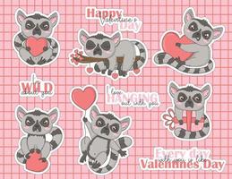 bundel van stickers van grappig tropisch dieren maki's voor Valentijnsdag dag in hand- getrokken tekening stijl voor kinderen, kinderen boeken en spellen, ansichtkaarten, het drukken vector