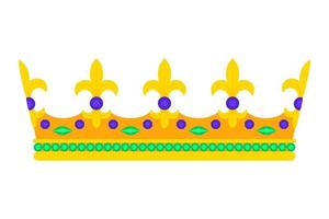 glimmend goud kroon ingelegd met smaragden en diamanten. concept van een prijs ceremonie of kroning. sjabloon voor logo ontwerp, icoon, ansichtkaart, insigne, sticker, afdrukken. vector illustratie in vlak stijl