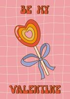 Valentijnsdag dag groovy poster of groet kaart. gelukkig valentijnsdag dag concept in Jaren 60 jaren 70 tekenfilms stijl. regenboog lolly in vorm hart. vlak vector illustratie