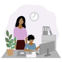 afstand aan het leren Bij huis kind met mam Bij een bureau met een computer. zelfisolatie. onderwijs vector