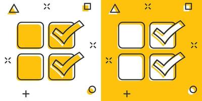 checklist document icoon in grappig stijl. enquête tekenfilm vector illustratie Aan wit geïsoleerd achtergrond. controleren Mark keuze plons effect bedrijf concept.