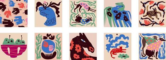 modern schilderijen voor de interieur met bloemen en katten, honden, paarden, vogels, vruchten. tekening stijl. kleurrijk illustraties voor dekt, schilderijen. interieur schilderen. vector