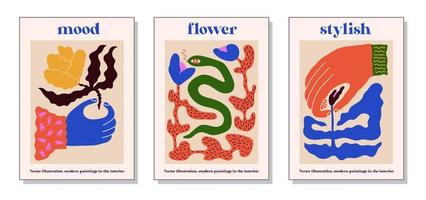 modern schilderijen voor de interieur met bloemen en een slang. tekening stijl. kleurrijk illustraties van nog steeds levens met bloemen, een slang voor een omslag, schilderijen. interieur schilderen. vector