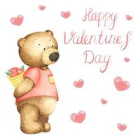 waterverf teddy beer met een boeket van bloemen. een Valentijnsdag dag kaart. waterverf ansichtkaart voor Valentijnsdag dag. gelukkig Valentijnsdag dag vector