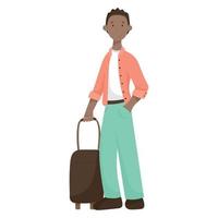 vector geïsoleerd illustratie van tekenfilm Afrikaanse Amerikaans mannetje reiziger met koffer.